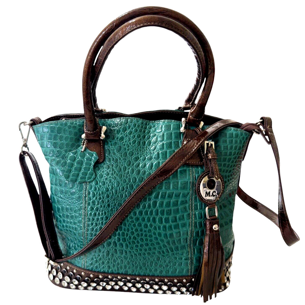 Vintage Madi Clare MC Emerald Green Croc Leather Rhinestone Shoulder Purse.